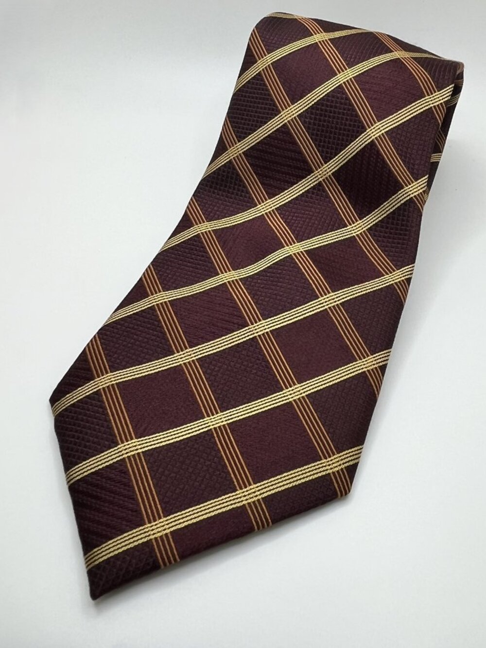 Henry Jacobson 100% Silk Tie 4” Wide Burgundy Brown Yellow Plaid Stripe Classic